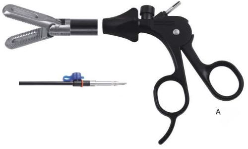 Ухоплюючий затискач,(вставка 360 мм, оболонка, ручка), атравмат, оберт 360 град, діам 5 мм, довж 330 мм, довж браншів 14 мм, моно, лапаро